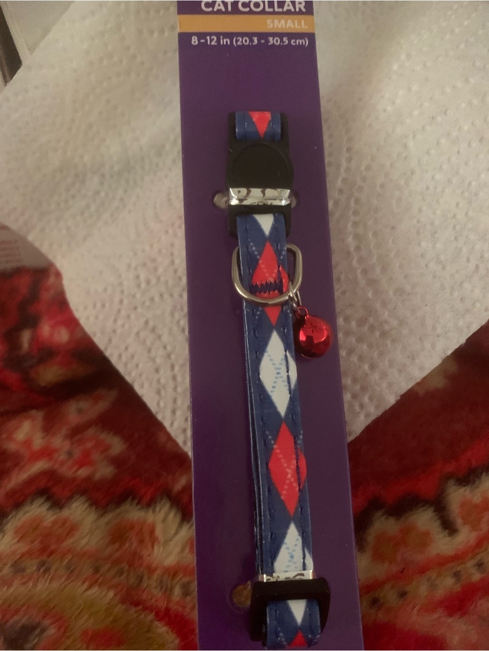NEW Argyle Pattern Cat Collar Red Bell - Blue/Red/White Size Small 8”-12”NWT